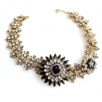 Diantha Black Crystal Flower Statement Necklace